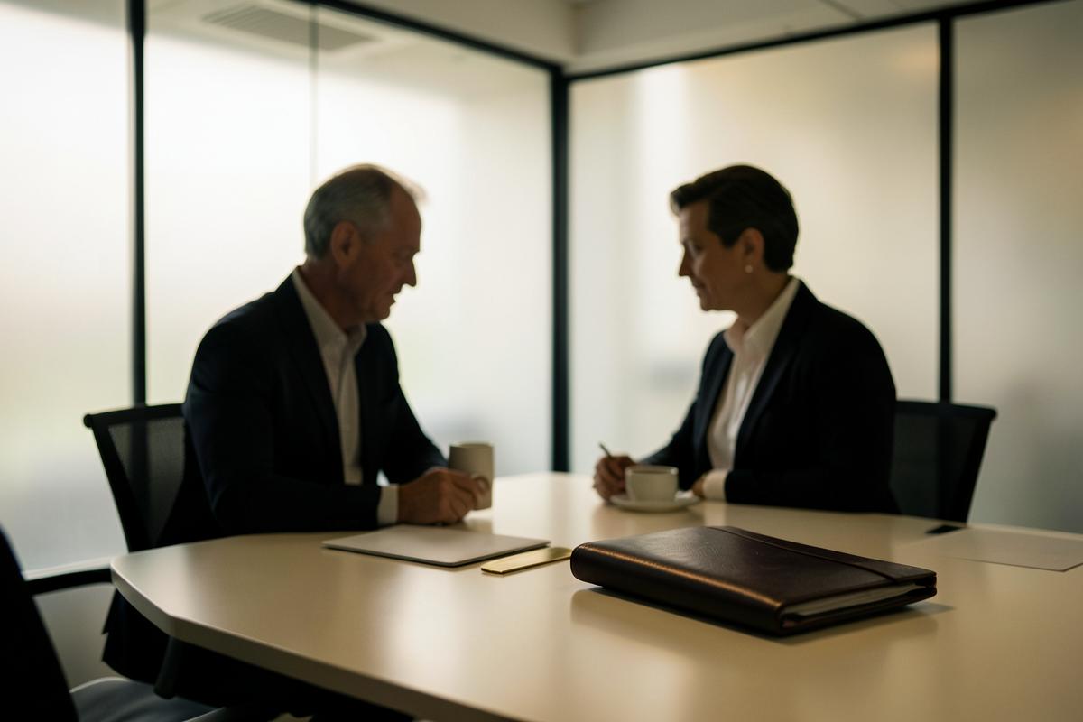Private conference room scene with silhouetted professionals behind frosted glass