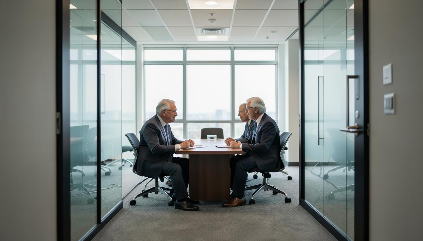 Two senior leaders in quiet conversation in a glass-walled meeting room