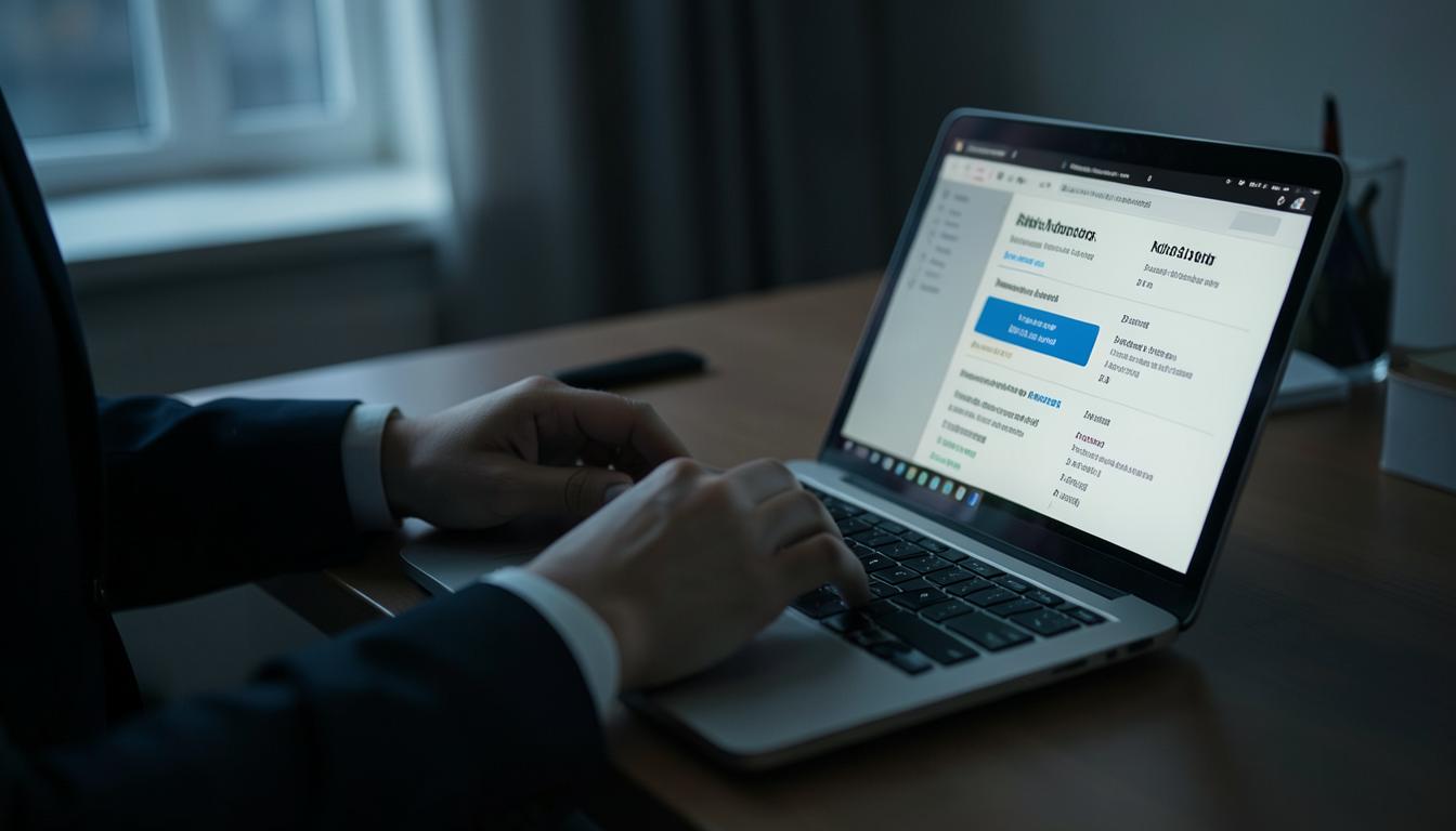 Hands scrolling job listings on a laptop screen at a dim desk in the evening