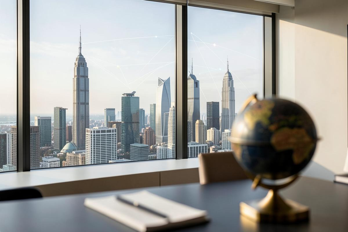Global executive workspace with skyline view and brass desk globe