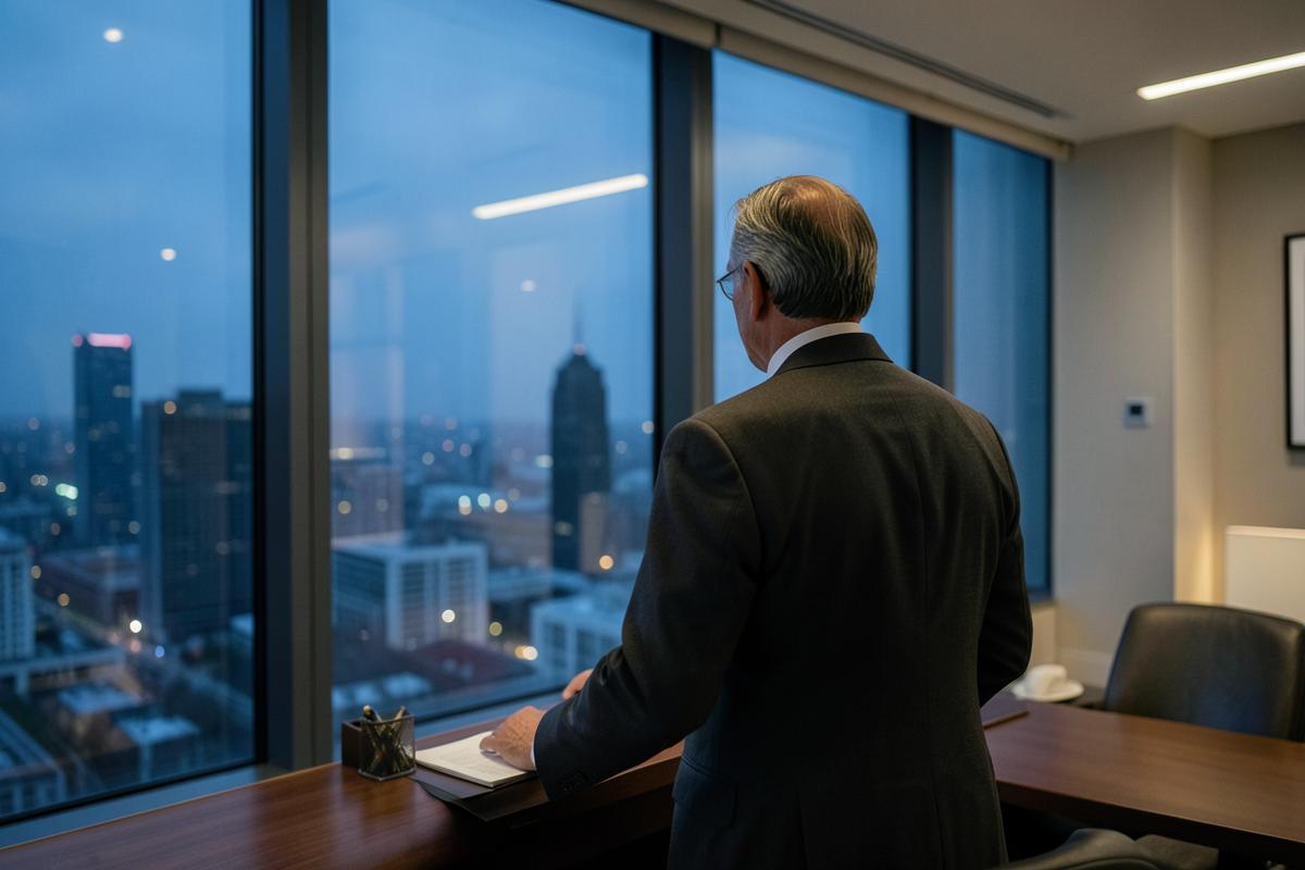 Senior executive looking out across a city skyline at dusk
