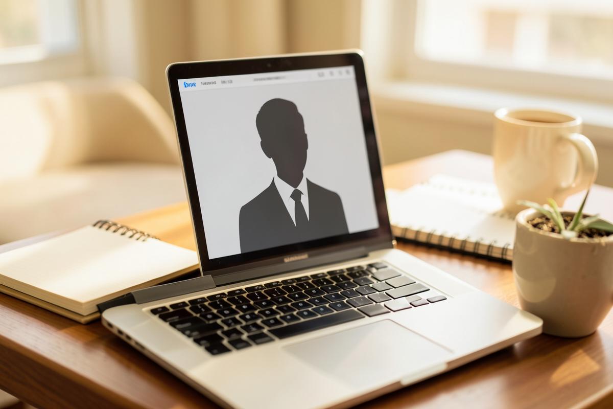 Laptop on a warm desk showing a professional profile silhouette beside a notebook