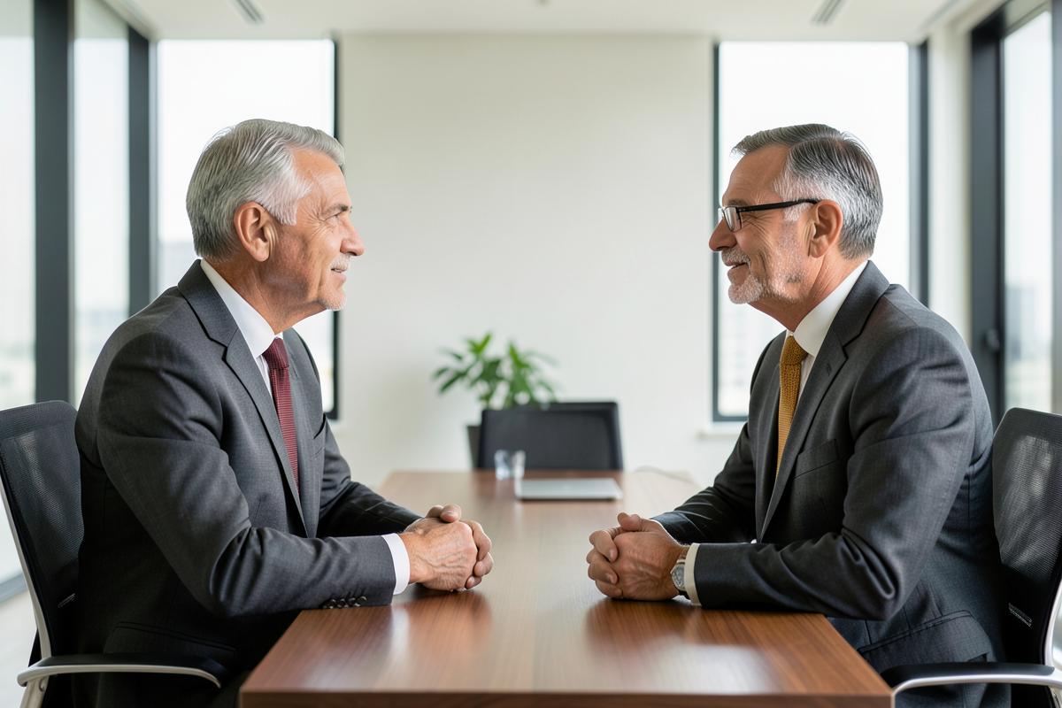 Two senior professionals in discussion across a modern boardroom table