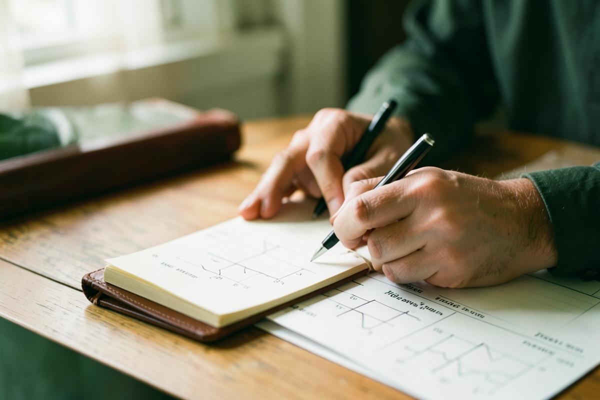 Hands writing in a leather notebook beside printed charts on a warm desk