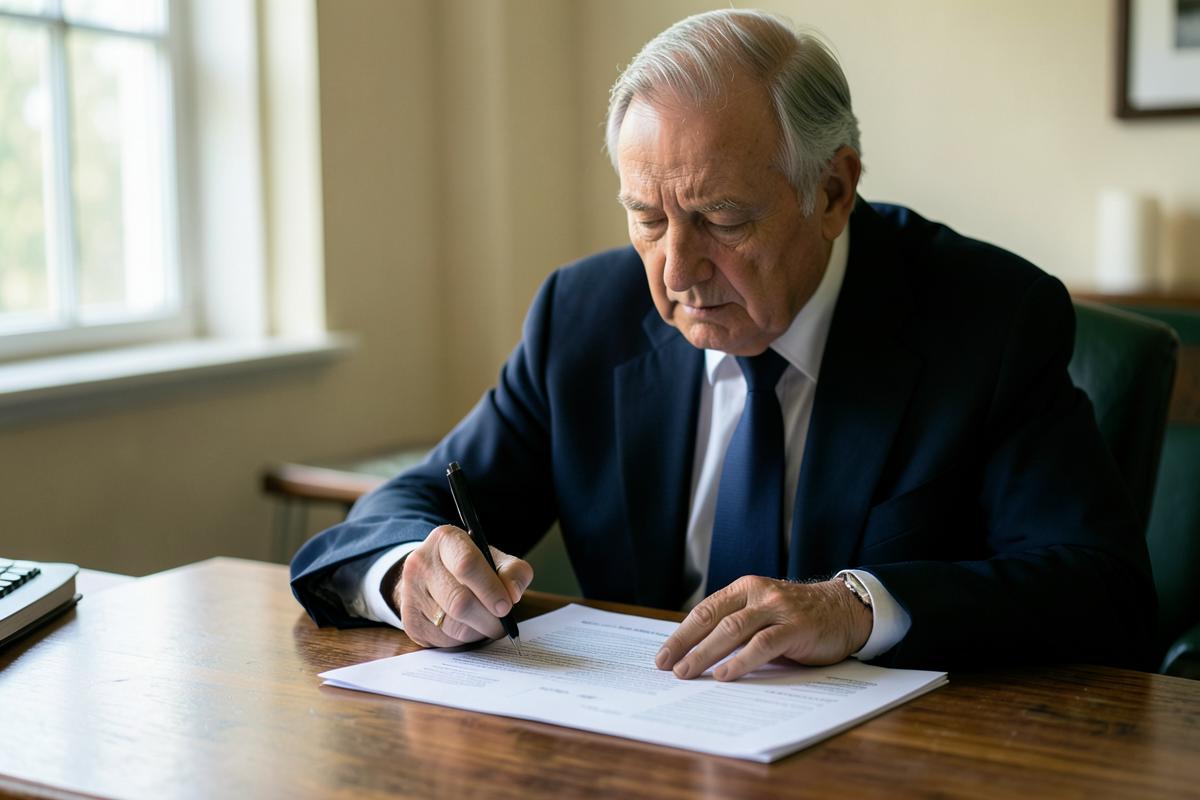 Senior executive reviewing a printed document at a wooden desk in natural light