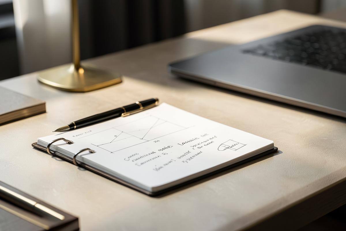 Executive search mapping notebook with pen and laptop in warm daylight