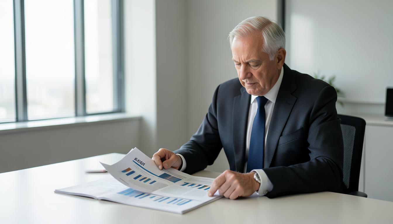 Senior executive reviewing a printed market report at a boardroom table