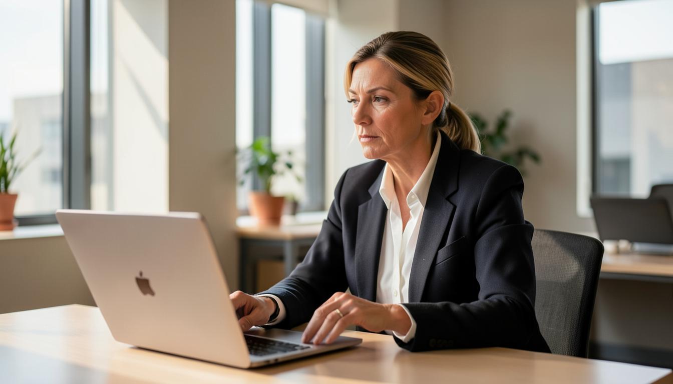 Professional pausing thoughtfully at a laptop in a quiet modern office