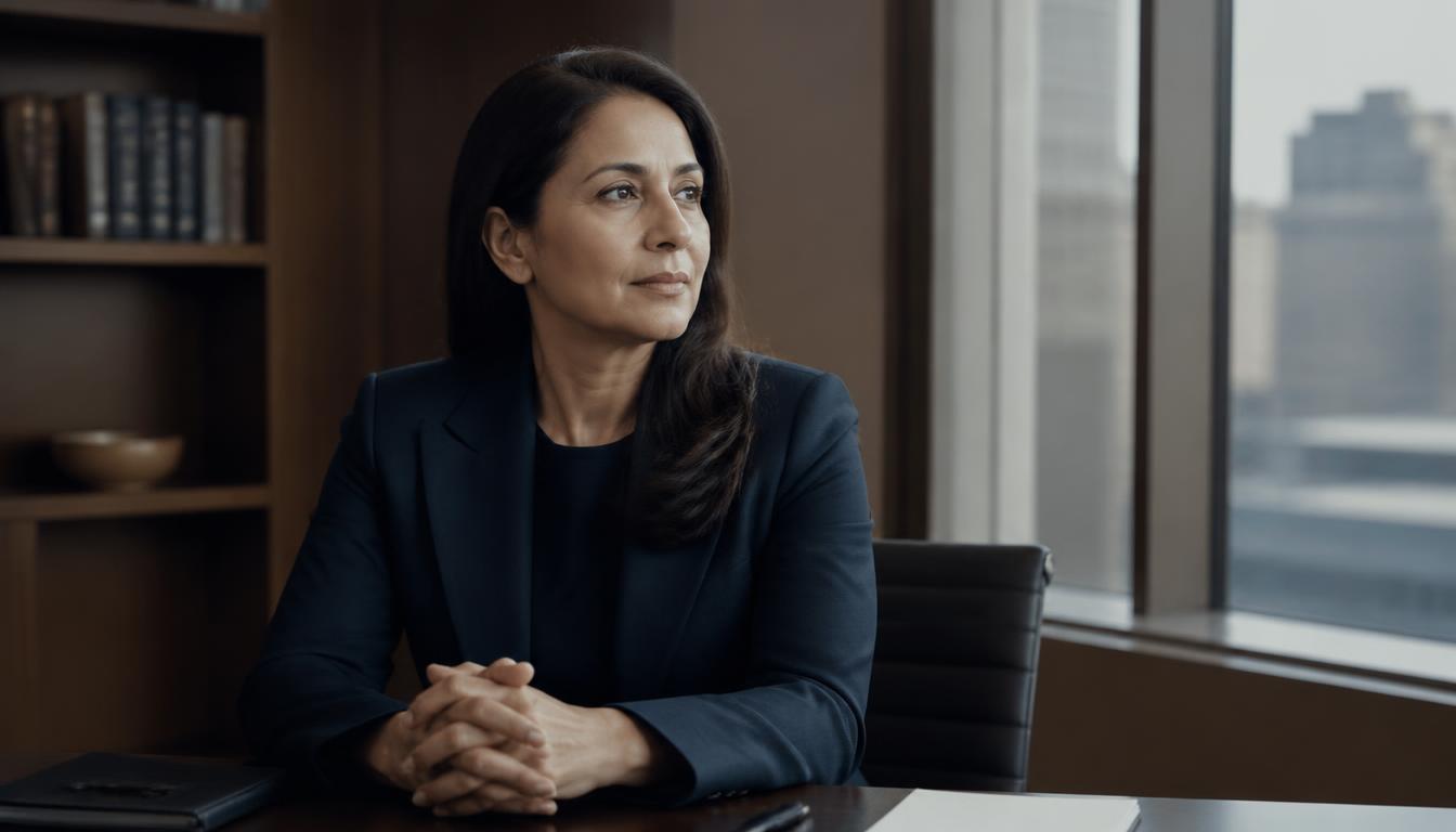 A senior executive-search principal seated thoughtfully at a private office desk with city light beyond the window