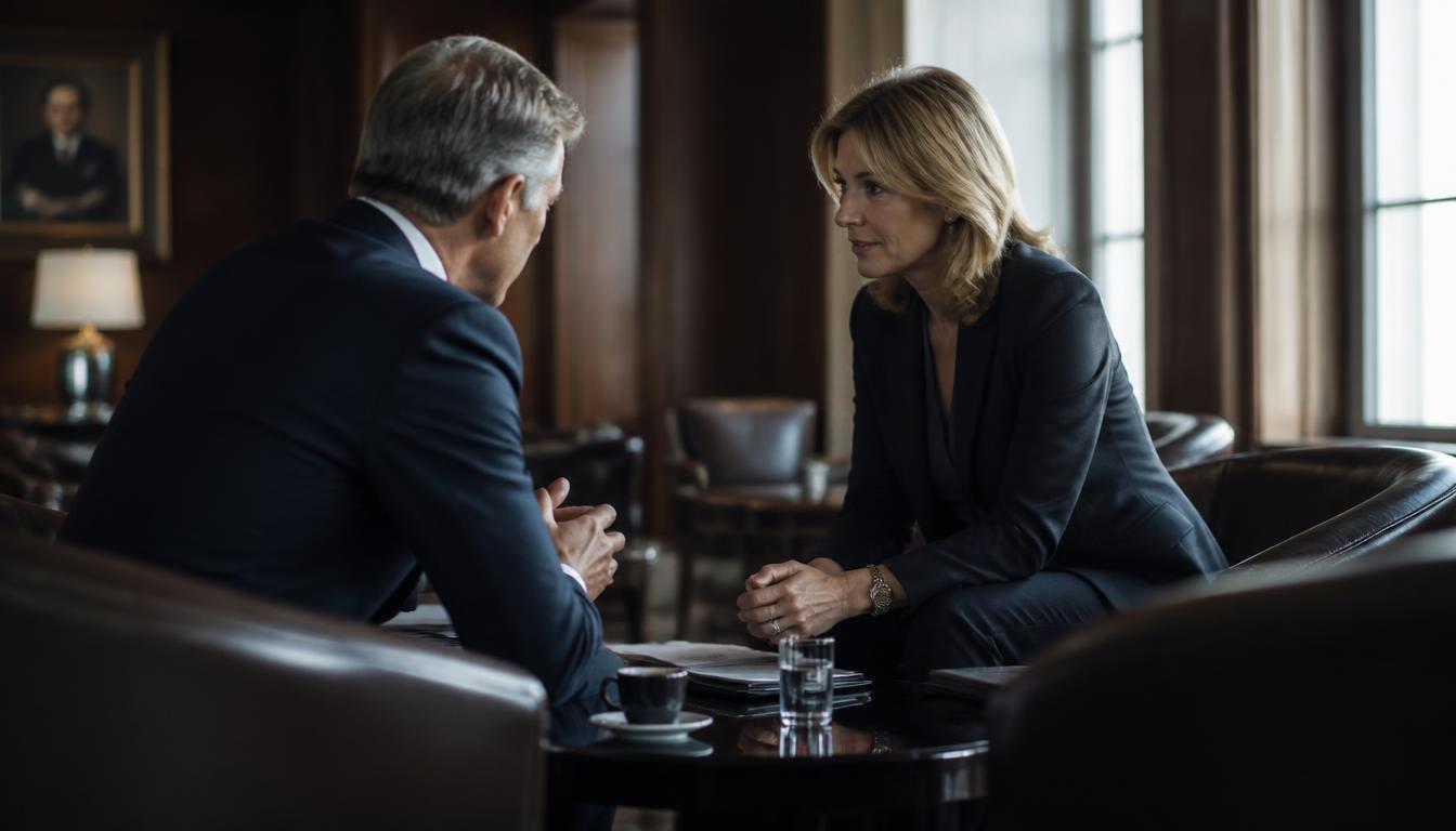 Two senior professionals in a discreet private discussion in a refined boardroom lounge