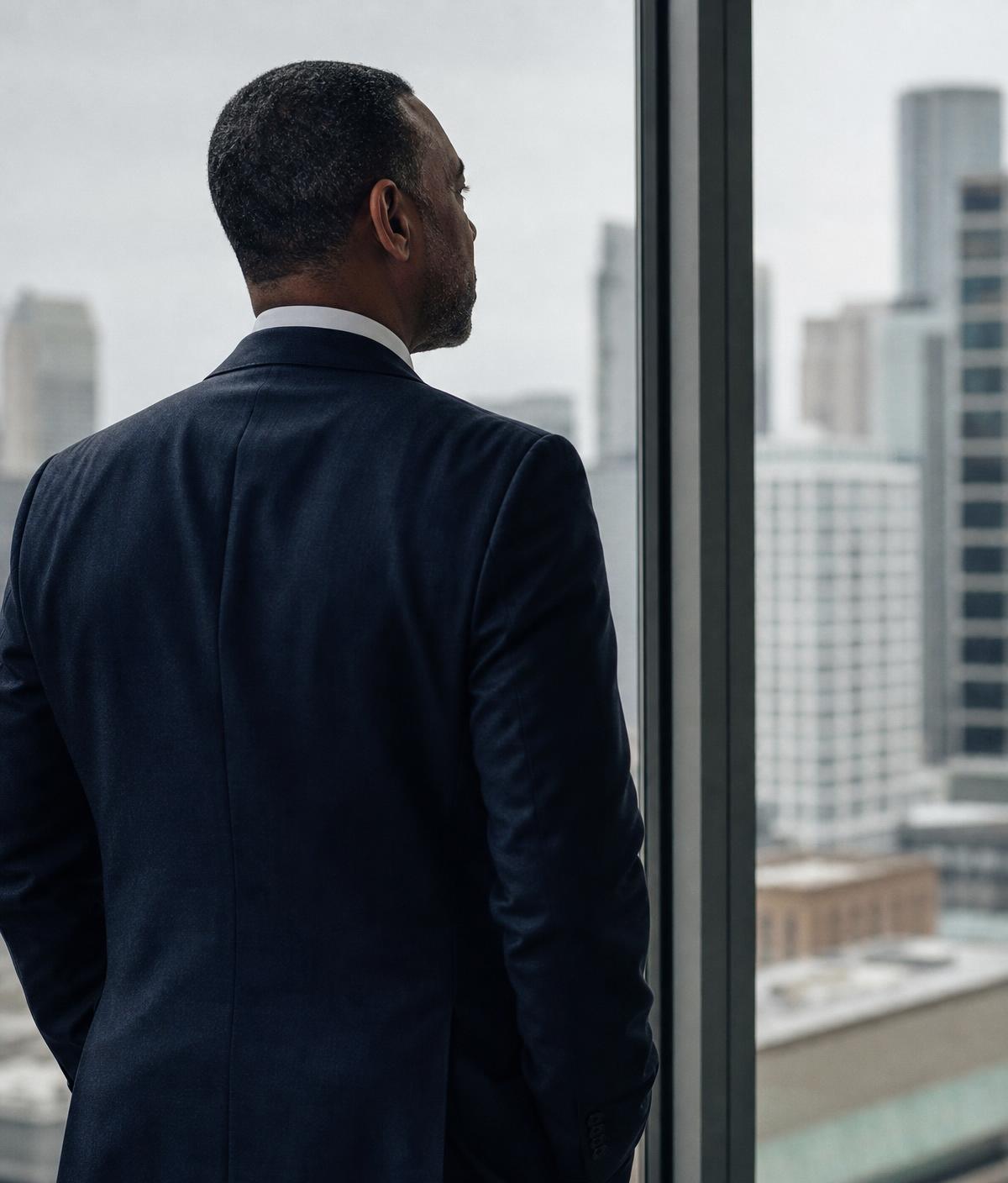 A senior leader looking out over the city from a private office window